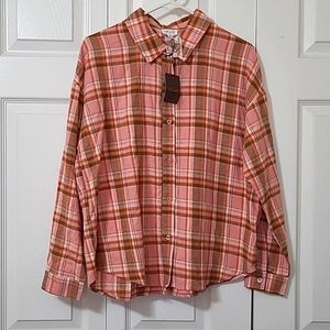 Pink Plaid Flannel Button-up Shirt, Size Medium, New With Tags